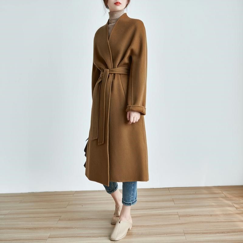 高级感简约无领黑色羊毛双面呢大衣女中长款直筒宽松显瘦毛呢外套,女装/女士精品,毛呢外套,淘宝优惠券,粉丝福利购,淘宝优惠卷