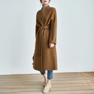 高级感简约无领黑色羊毛双面呢大衣女中长款直筒宽松显瘦毛呢外套