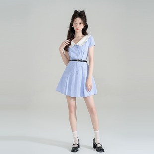 娃娃领蓝色学院风条纹连衣裙女夏季高级感气质休闲a字百褶短裙子