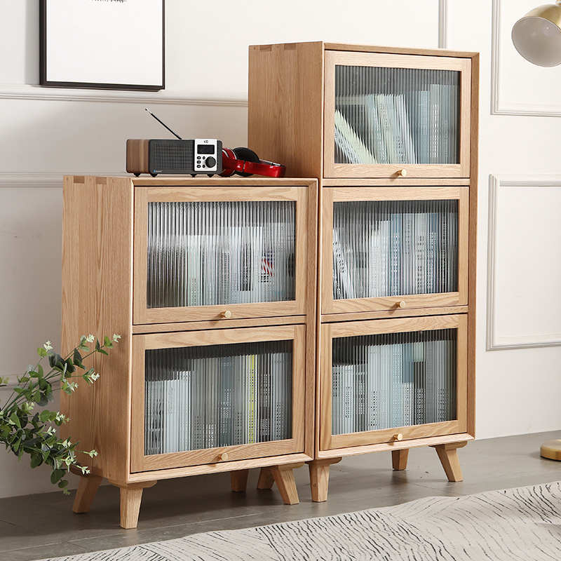 北欧实木书柜落地置物储物柜带玻璃柜门书架柜日式组合收纳展示柜