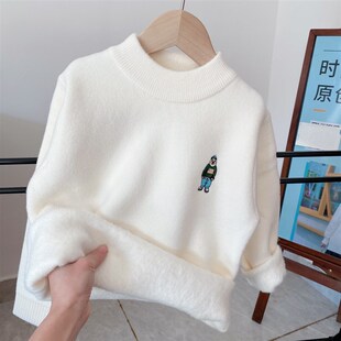 儿童一体绒毛衣秋冬款男童打底衫加绒加厚女孩针织衫2023中童新品