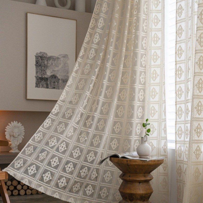 新品复古棉线钩针窗帘米色透光镂空装饰窗帘客厅卧室落地帘飘窗帘,居家布艺,成品窗帘,淘宝优惠券,粉丝福利购,淘宝优惠卷