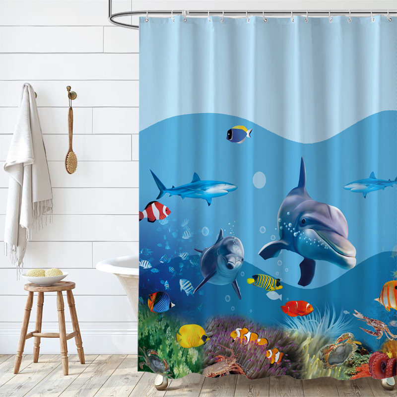卡通海洋鱼浴帘卧室隔断帘加厚防水防霉布浴室挂帘门帘海豚窗帘