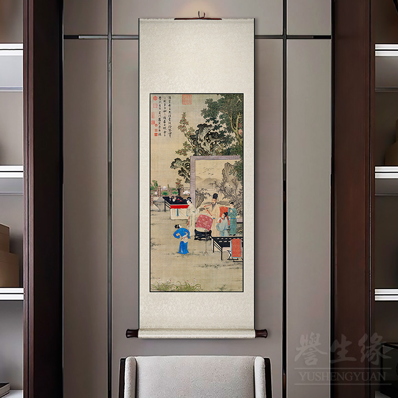 听阮图人物古画中式卷轴挂画竖版玄关走廊过道装饰画韩熙载夜宴图