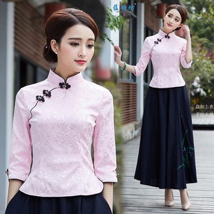 新款 唐装 改良款 显瘦文艺中袖 汉服茶服表演服 旗袍上衣修身 2021春季