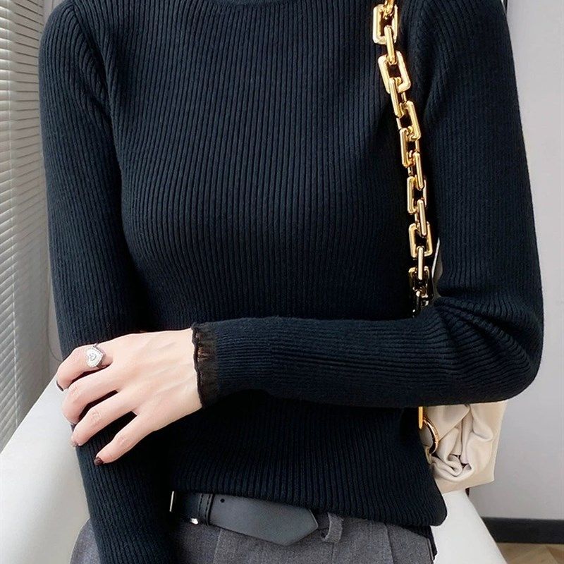 秋冬半高领打底衫女蕾丝拼接修身长袖套头针织衫紧身内搭毛衣上衣,女装/女士精品,毛针织衫,淘宝优惠券,粉丝福利购,淘宝优惠卷