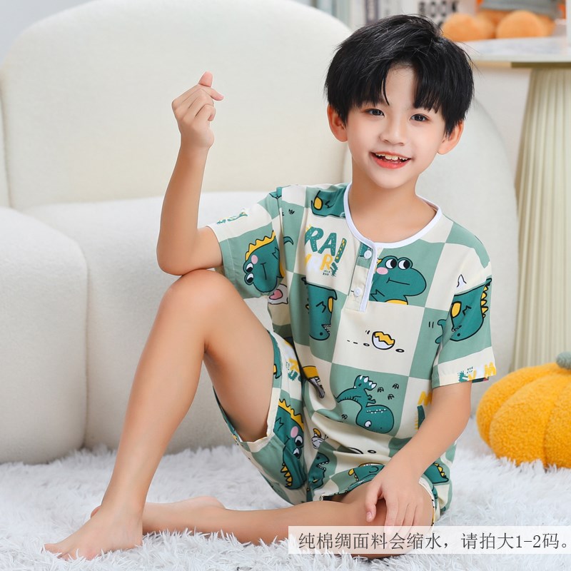 夏季儿童短袖短裤套装 绵绸睡衣薄款背心男女中大童棉绸套空调服