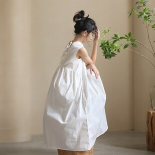 女童装初中生小白裙后背系带沙滩裙小女孩连衣裙少女高级感长裙子