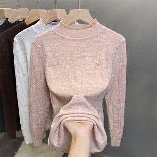半高领毛衣女打底衫2023秋冬新款套头蕾丝外穿针织衫洋气内搭上衣