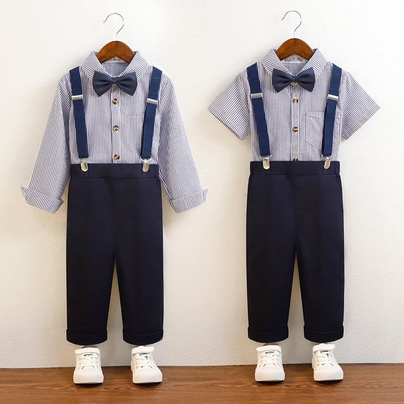 男童西装套装儿童主持人夏秋花童婚礼男孩六一短袖背带裤表演礼服