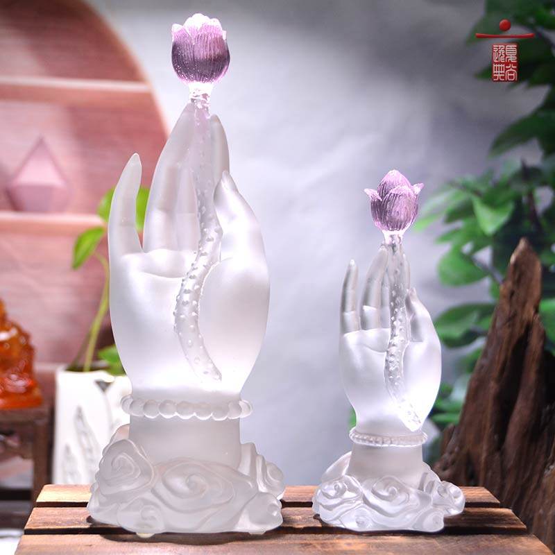 琉璃工艺品佛手莲花一心一意中式办公室玄关茶桌水晶佛系禅意摆件
