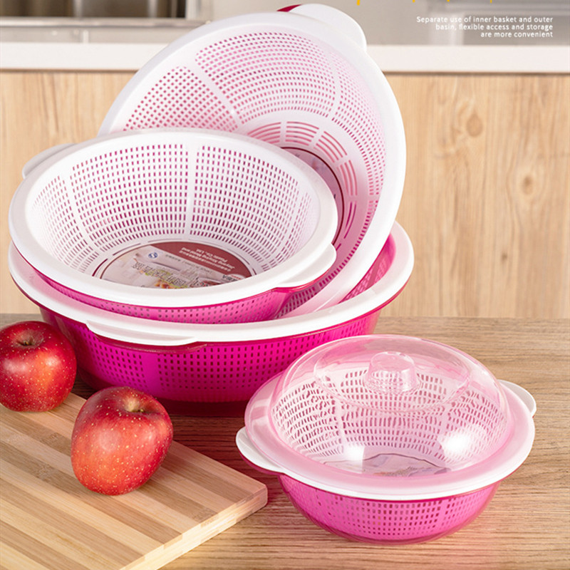 双层塑料保洁篮洗菜筐水果蔬菜盆厨房沥水篮带盖滴水筛淘菜篓包邮