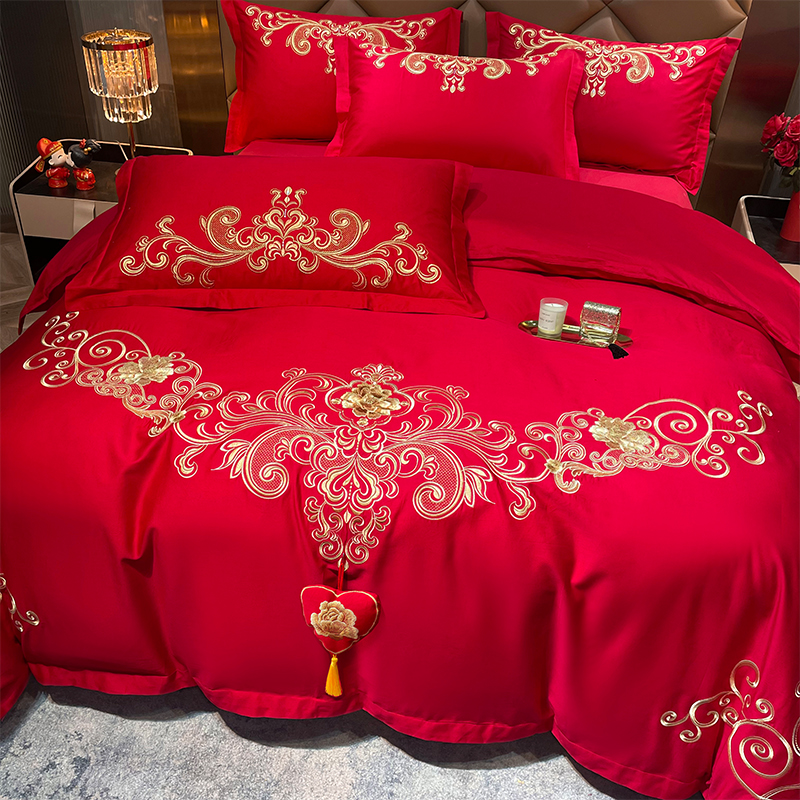 高端婚庆四件套大红纯棉龙凤喜被中式床单笠新结婚房嫁礼床上用品