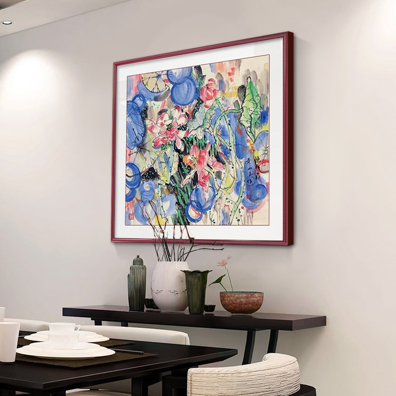 新中式黄永玉荷花图餐厅装饰画入户玄关挂画走廊过道手绘斗方壁画图片
