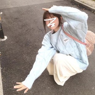 甜美蓝色毛衣女童秋冬季2024新款儿童加厚套头针织衫女孩大童上衣