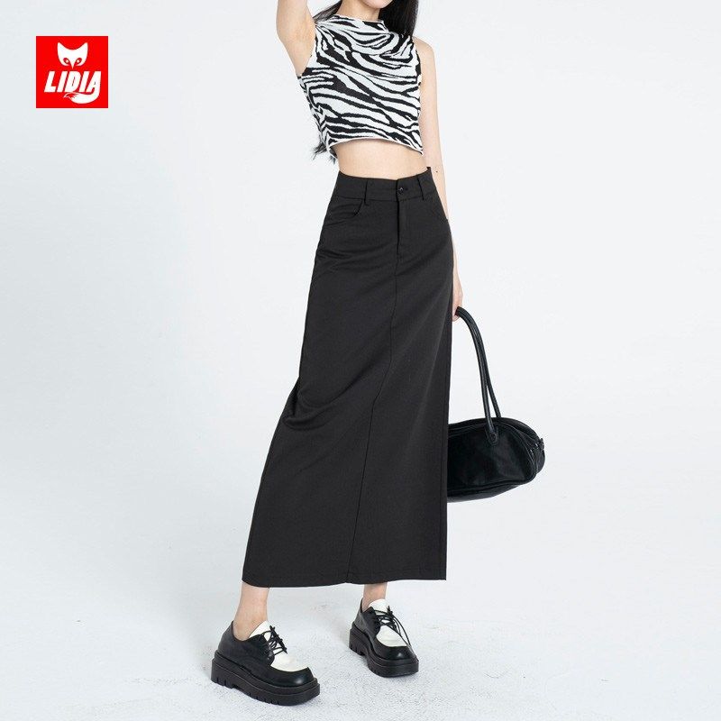 黑色西装半身裙女夏季2024年新款设计感开叉高腰显瘦中长款a字裙