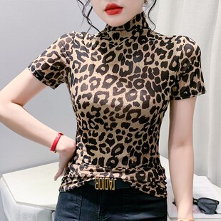 半高领豹纹网纱打底衫女2025春夏季新款显瘦短袖T恤修身洋气小衫