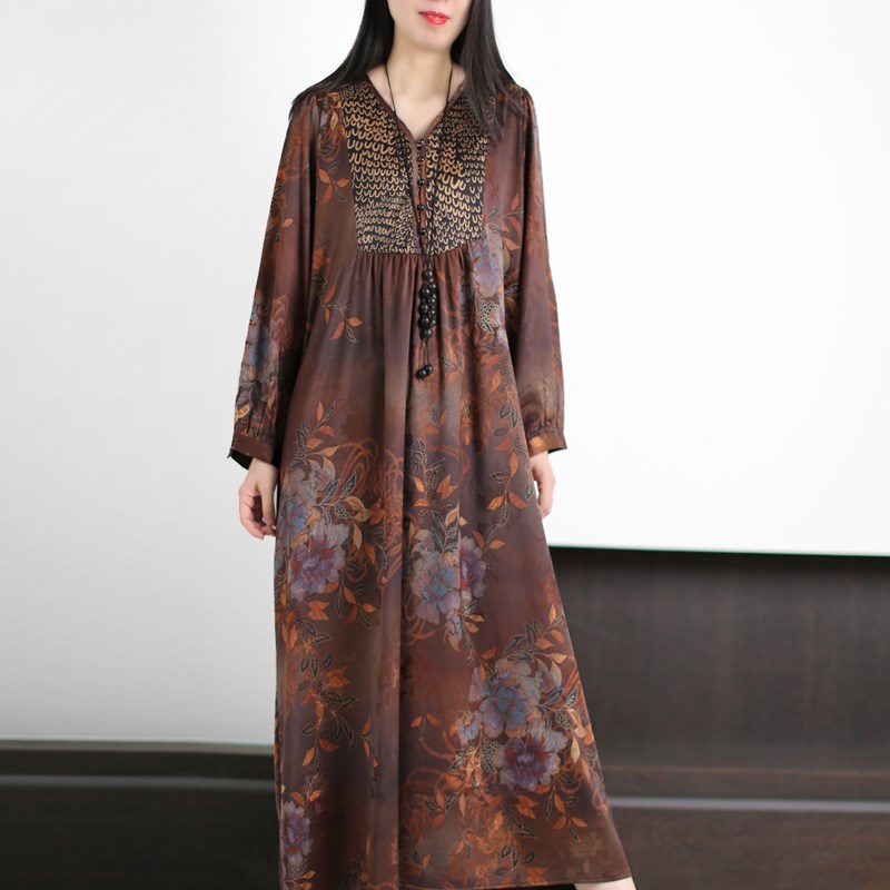 兮风轻奢文艺真丝连衣裙长袖V领大码宽松垂感显瘦大摆长裙25春夏