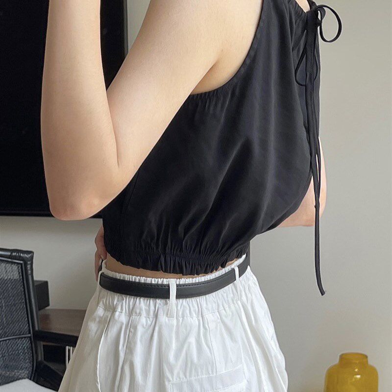 挂脖小吊带背心夏季薄款外穿黑色宽松显瘦松紧收口无袖削肩上衣女