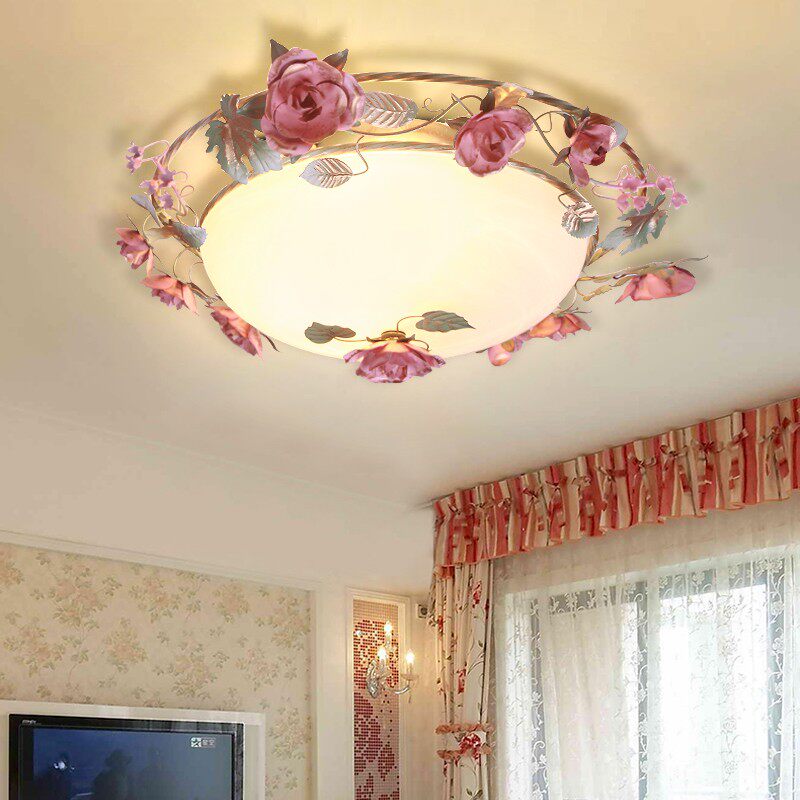 美苑田园风格灯具温馨卧室灯浪漫玫瑰花圆形房间吸顶灯led花草灯
