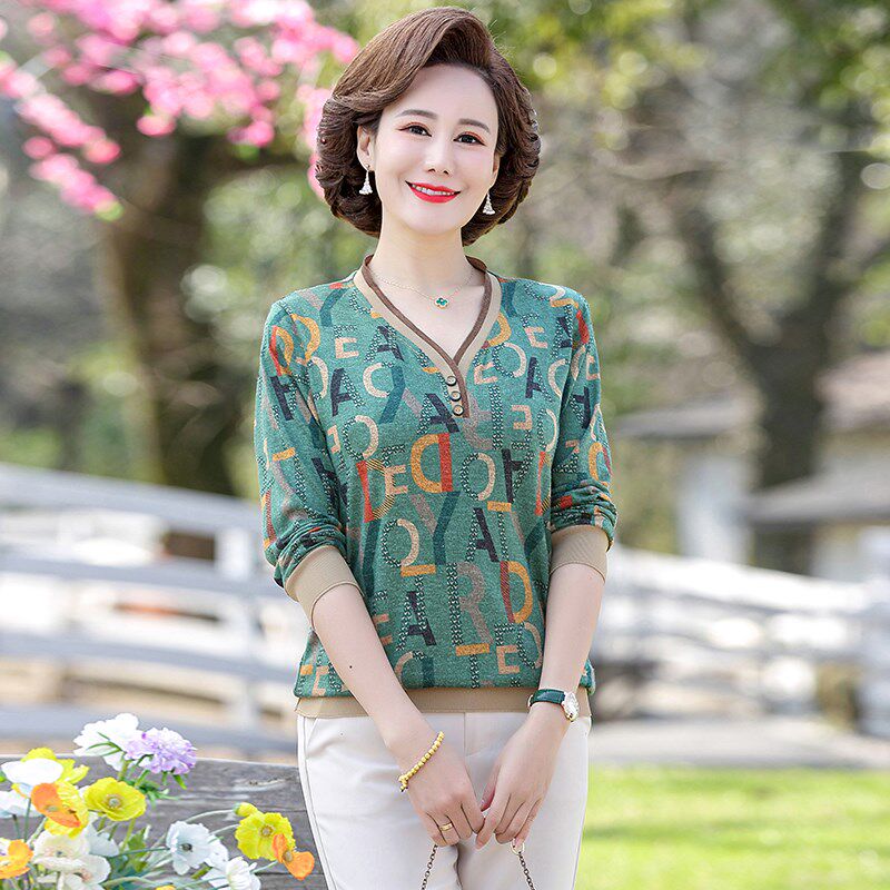 时尚妈妈装春秋新款长袖t恤中老年人女士宽松打底衫上衣洋气小衫