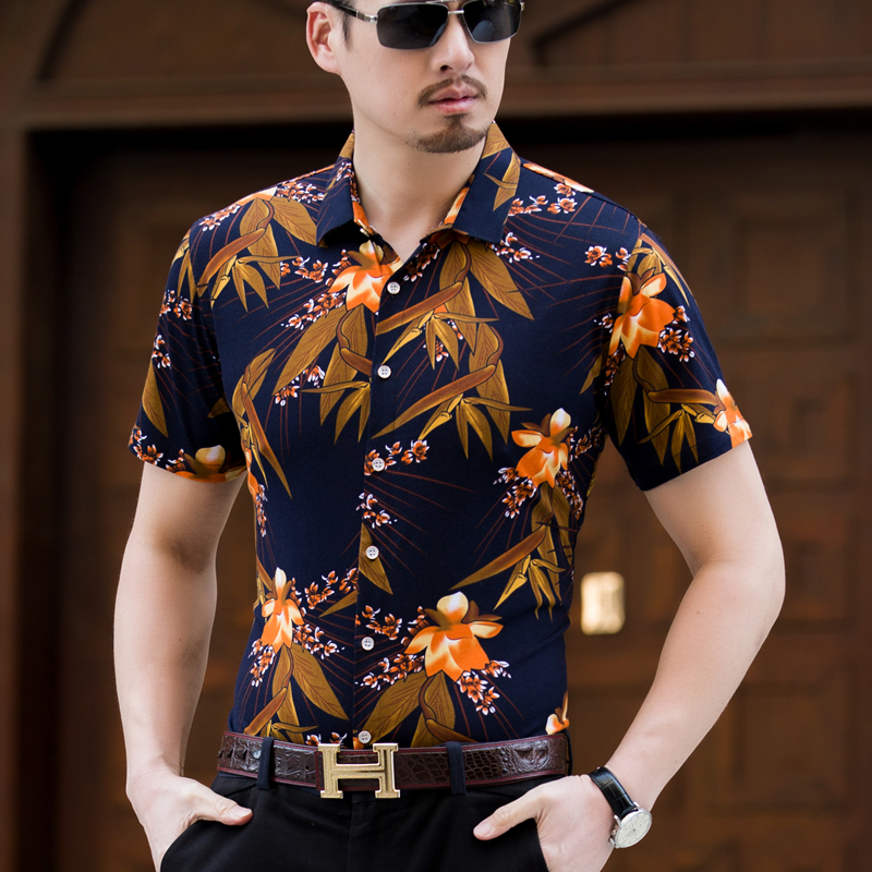 男式短袖衬衫爸爸夏装丝光棉碎花衬衣胖子宽松休闲加肥加大码寸衫