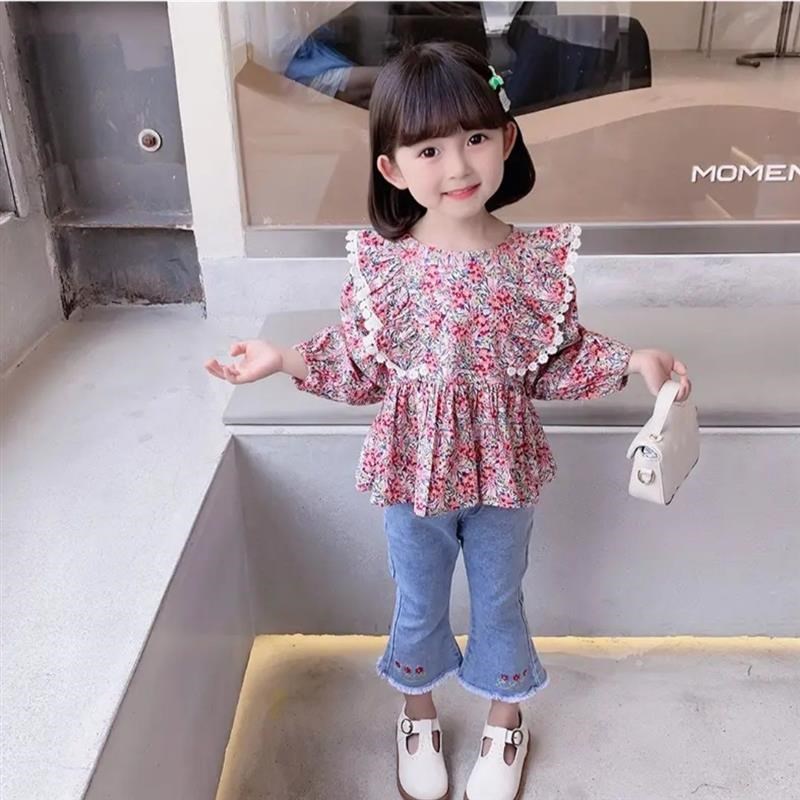 女童衬衫牛仔裤套装春秋儿童碎花套装
