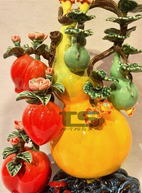 福禄长寿金葫芦寿桃石湾陶瓷公仔客厅办公玄关公司酒柜新中式摆件