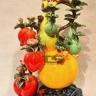 福禄长寿金葫芦寿桃石湾陶瓷公仔客厅办公玄关公司酒柜新中式摆件