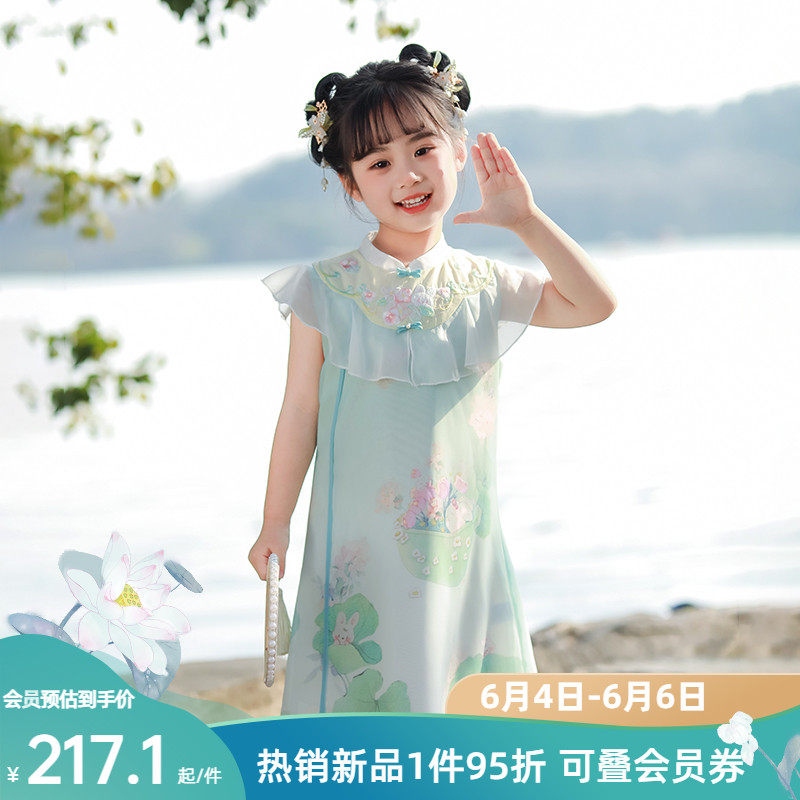 汪小荷童装夏季新款女童改良旗袍薄款儿童雪纺无袖连衣裙图片