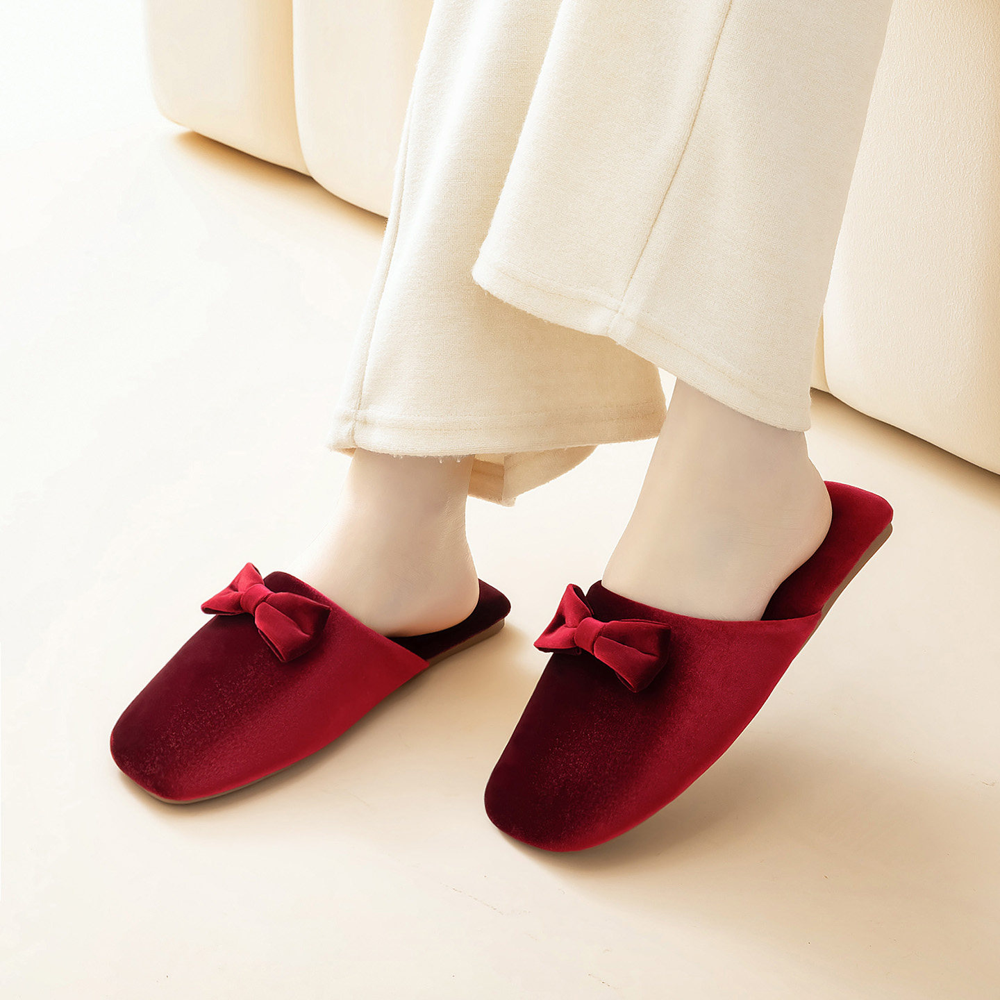 秋冬时尚蝴蝶结金丝绒家居情侣棉拖鞋室内地板牛筋底家用防滑拖鞋