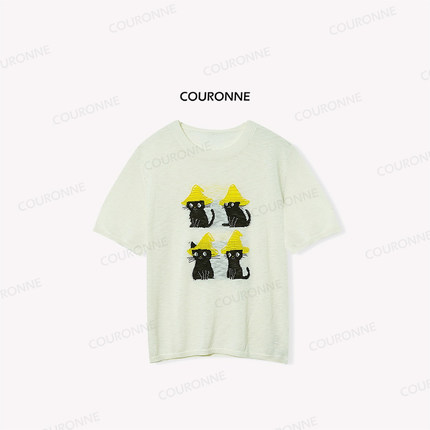 【草帽猫】夏季百搭圆领短袖小猫咪针织甜美可爱风格衣服33140