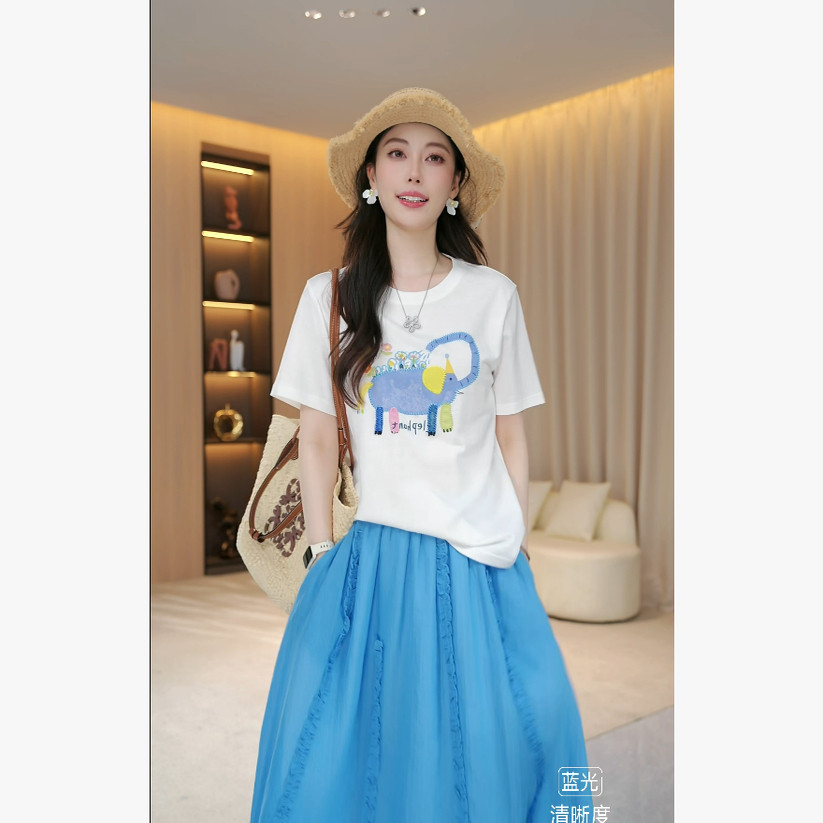 【水墨小象】夏季宽松趣味蓝色小象图案舒适短袖T恤上衣34217
