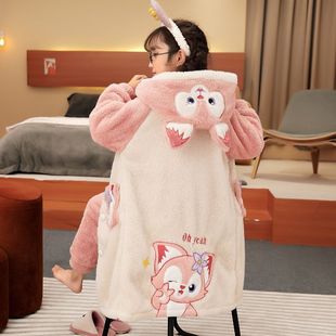 儿童法兰绒睡衣女童睡袍冬季加绒加厚宝宝家居服女孩大童长款套装