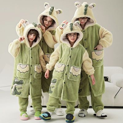 亲子睡衣一家三口装加厚加绒睡袍套装秋冬季四珊瑚绒法兰绒家居服