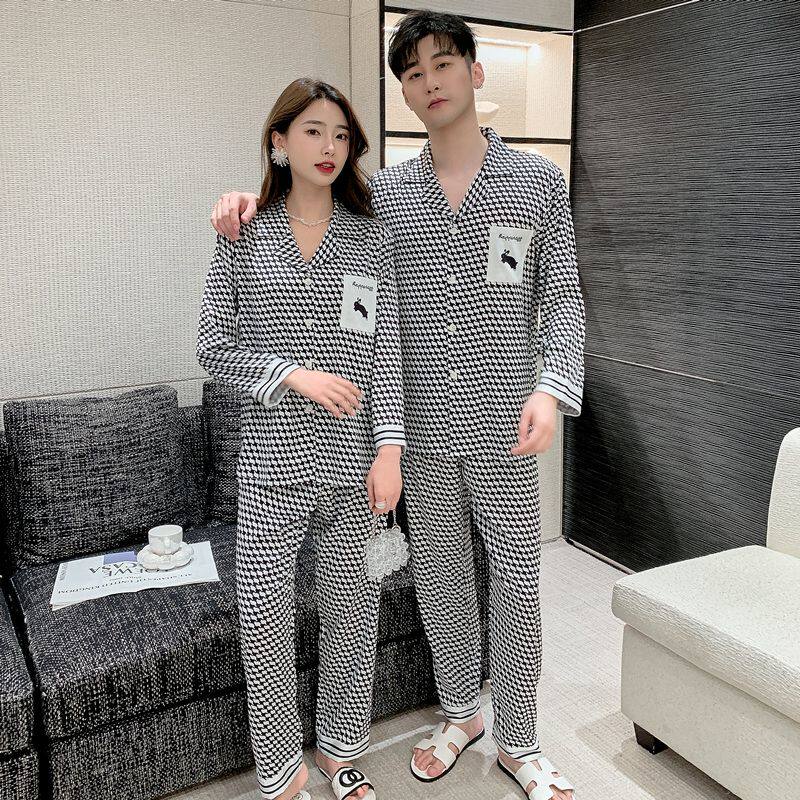 2025新款春夏季情侣睡衣薄款卡通男女冰丝长袖套装丝绸韩版家居服
