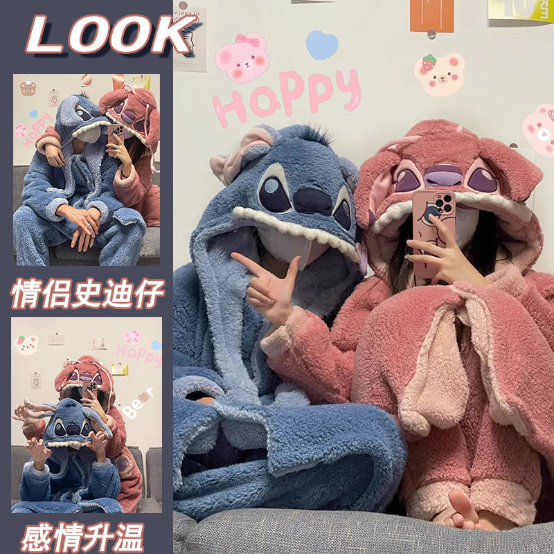 法兰绒情侣睡袍女冬季珊瑚绒睡衣长袖冬款男士加绒加厚家居服套装