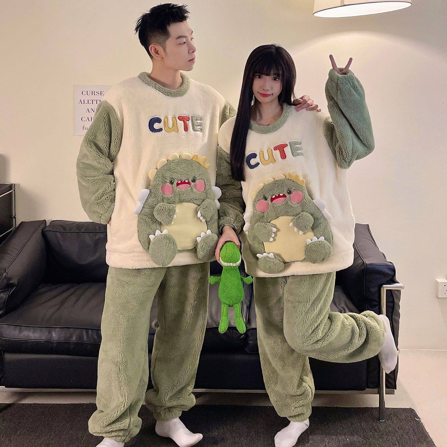 冬季韩版新款情侣睡衣女珊瑚绒加睡衣/家居服套装