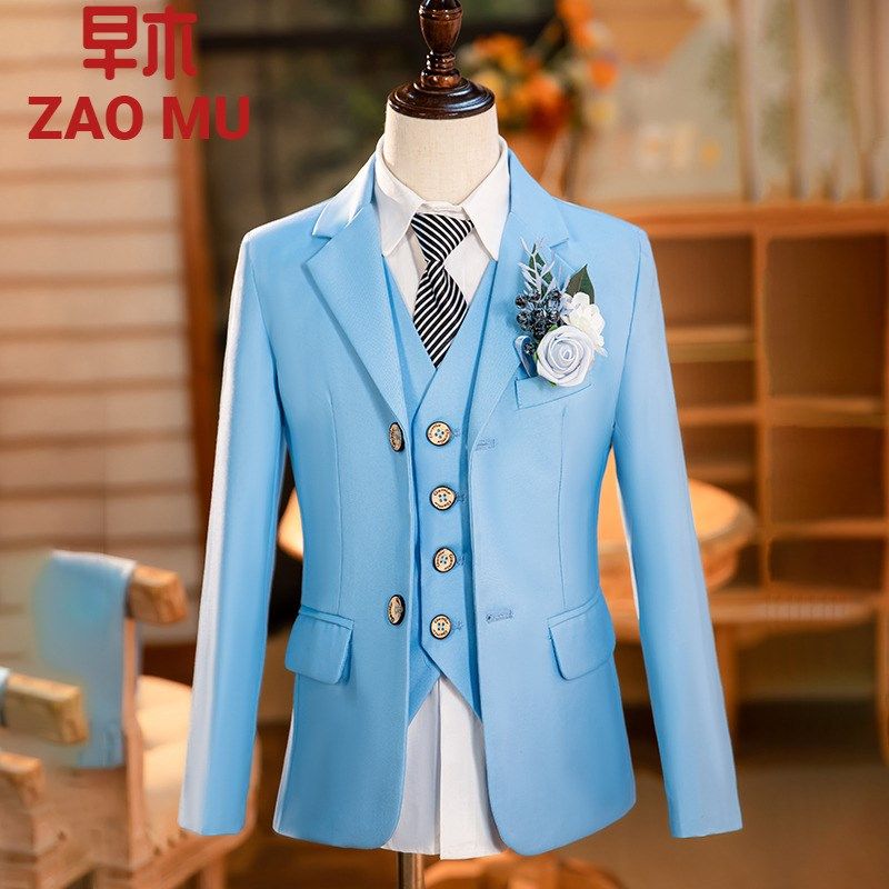 儿童西装套装男童花童礼服钢琴演出服主持人模特走秀洋气蓝粉红色
