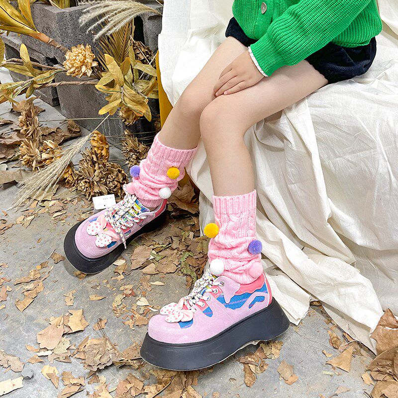 彩色毛绒球腿套y2k保暖小腿袜女童秋冬纯棉针织宝宝护膝袜套过膝