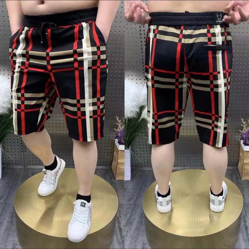 2231夏季男士格子条纹松紧腰冰丝牛奶丝沙滩裤运动休闲短裤五分裤,男装,休闲裤,淘宝优惠券,粉丝福利购,淘宝优惠卷