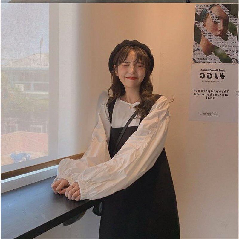 套装春秋2024新款韩版白色宽松衬衫中长款学生背带裙早秋两件套潮