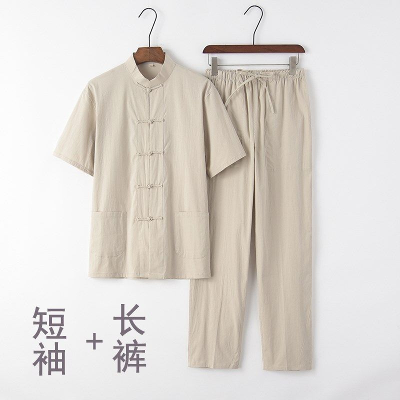 夏季唐装男薄款中式亚麻短袖套装复古汉服中国风休闲半袖两件套