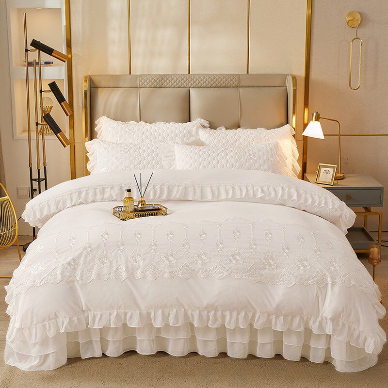 韩版公主风夹棉绗缝床盖款四件套纯白色花边被套四季通用床上用品
