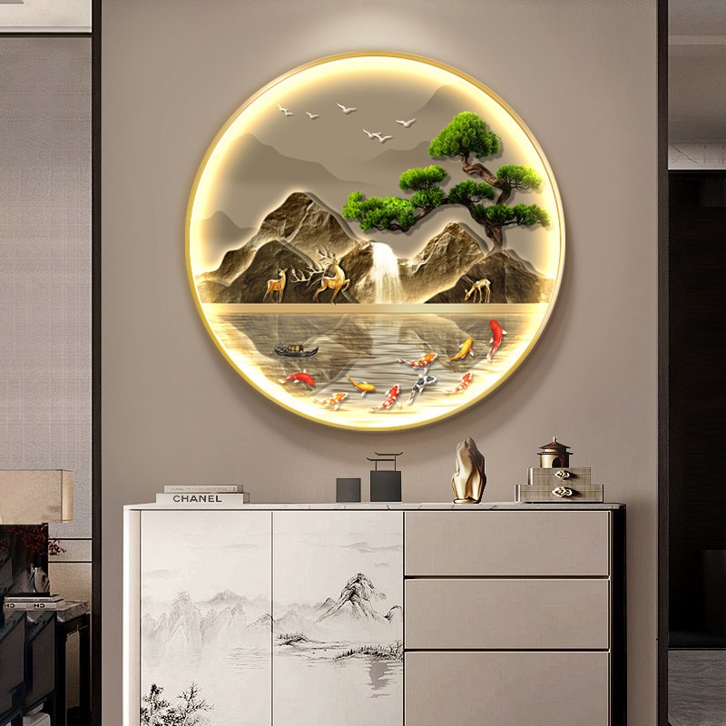优选式入户进门圆形玄关装饰画流水生财走廊N挂画带灯山水九鱼图图片