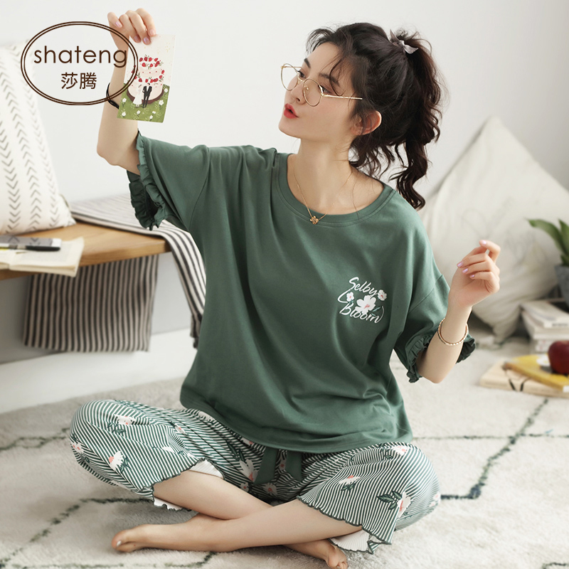 睡衣女士夏季薄款纯棉短袖七分裤女装夏装春秋款中长裤家居服套装