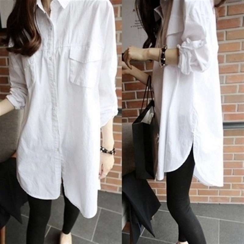 白色纯棉加长款衬衫女大码长袖韩国东大门秋新款宽松bf风棉衬衣女