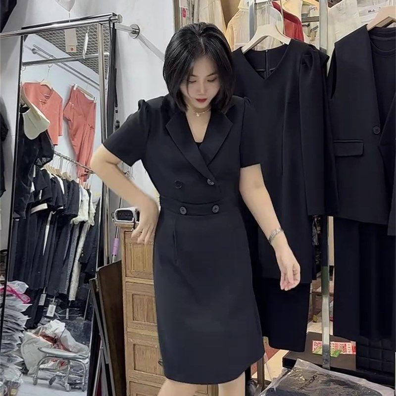 高端短袖西装连衣裙女2024夏季新款职业时尚气质女神范中长款裙子