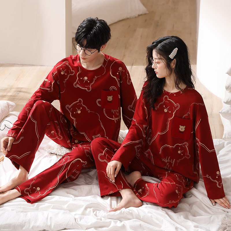 睡衣结婚新婚情侣套装秋冬纯棉长袖红色本命年女男士卡通家居服