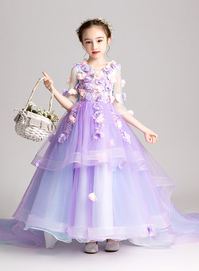 儿童拖尾礼服公主裙女童蓬蓬纱走秀小花童婚纱超长钢琴演出服表演